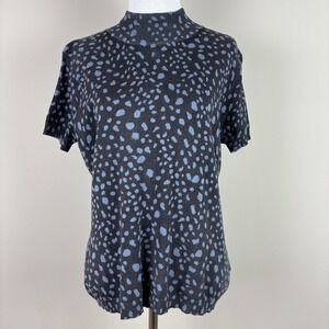 Javier Simorra Barcelona Sweater Top Womens 12 Blue Dot Mock Neck Short Sleeve